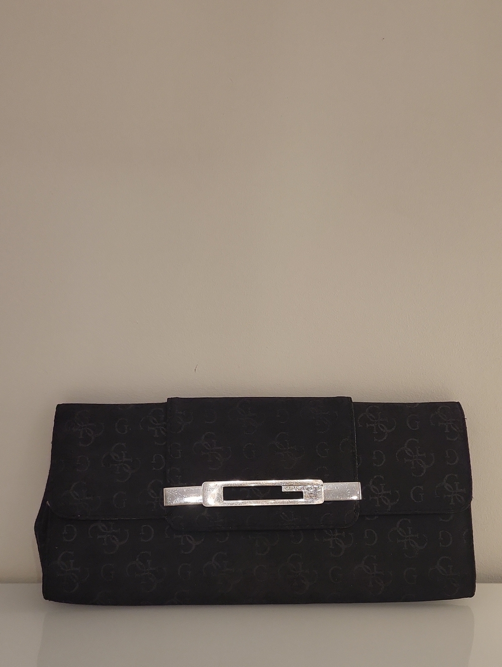 Guess Black Logo-Print Clutch with Silver Accent